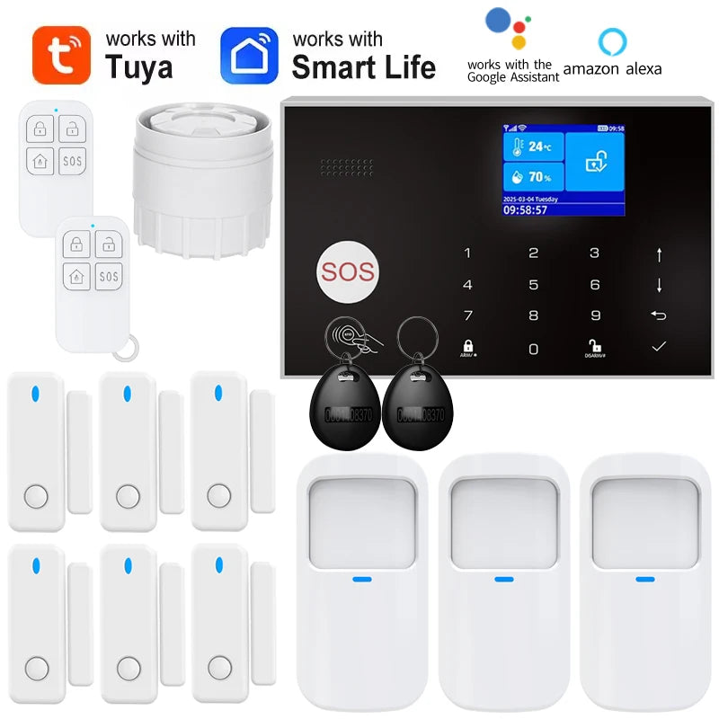 Alarm System for Home WIFI GSM Security Alarm Host Ant-theft with Door Gap PIR Motion Sensor Tuya Smart App control work Alexa
