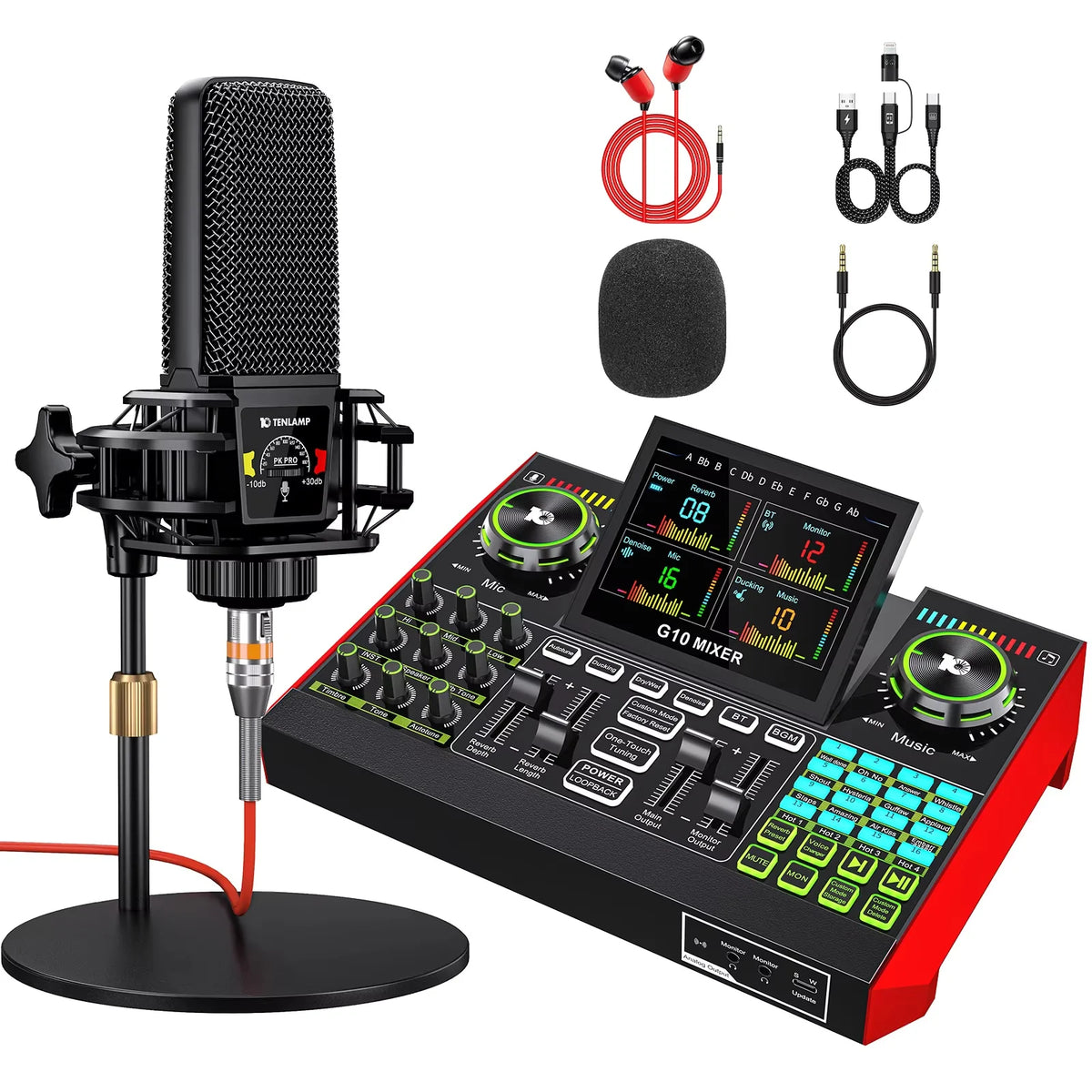 Tenlamp 6 Channe G10 Live Sound Card Audio Mixer with 3.5mm Mic XLR Gaming Interface,  G10-PKPRO Podcast Equipment Bundle Kit RGB DJ Effects for PC Smartphone Laptop Singing Streaming Recording YouTube Vlog