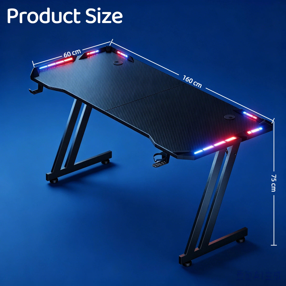 47/55/63inch Computer Desk, Gaming Desk with LED Lighting, Computer Gaming Desk with Carbon Fibre Top, Sturdy Office Desk with Headphone Hook & Cup Holder, Black