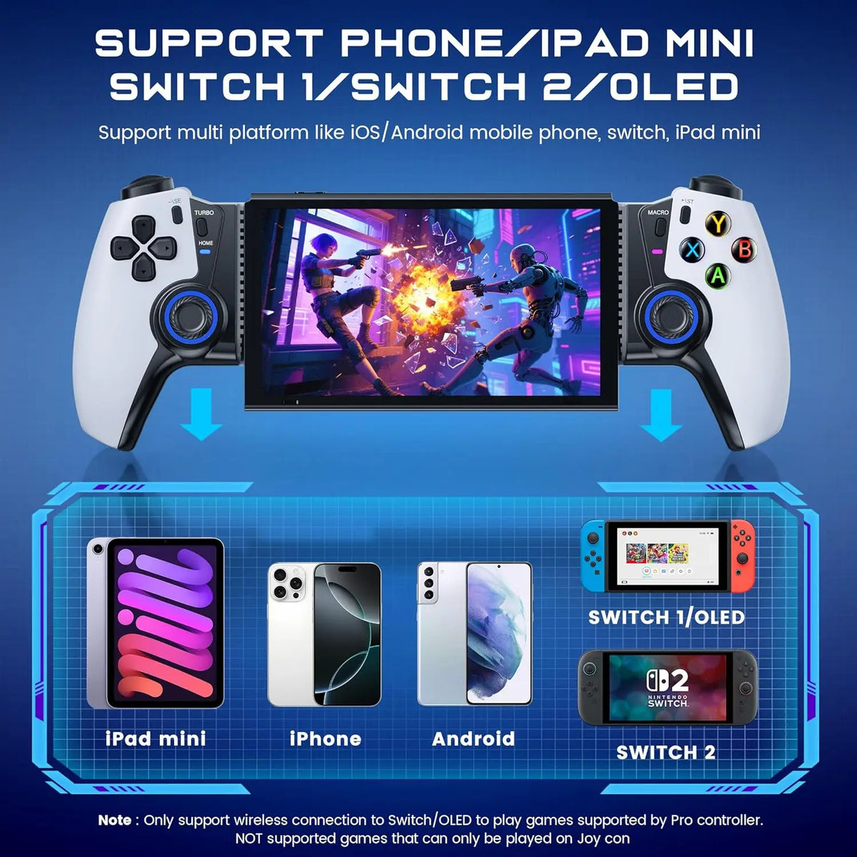 DinoFire Wireless Controller for IOS/Android/Switch1/2/OLED/iPad Mini With Hall Joystick, LED Mobile Gaming Controller