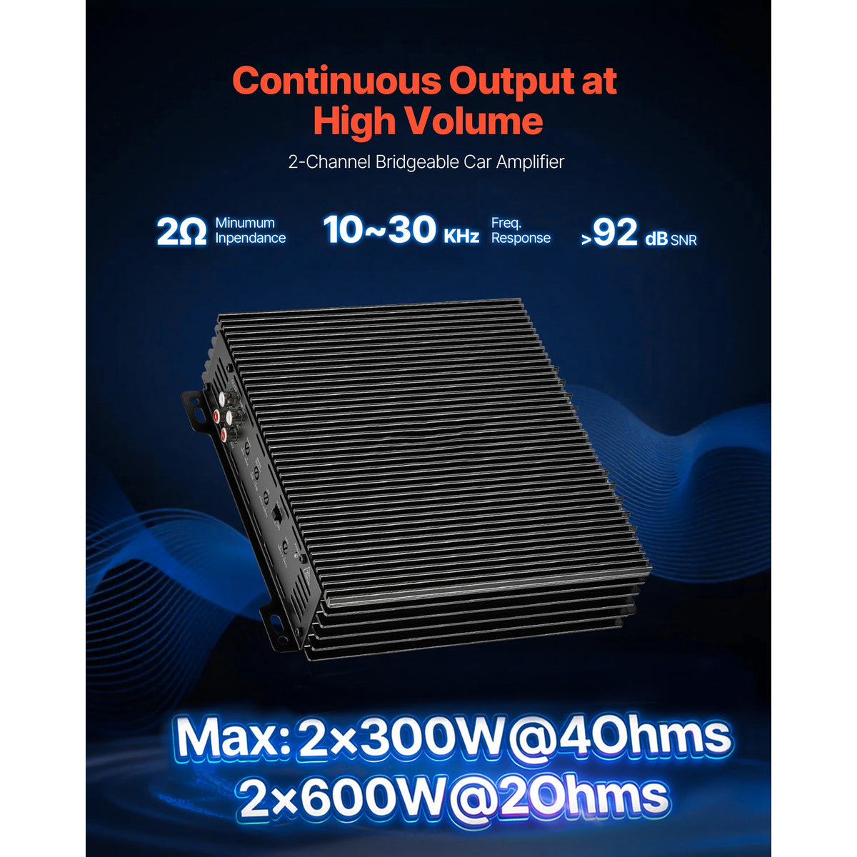 SucceBuy 2 Channel Car Audio Amplifier 2 Ohm Stable Bridgeable Class A/B Max Power 2 x 300W @ 4 Ohm for Car SUV Truck Off-Road