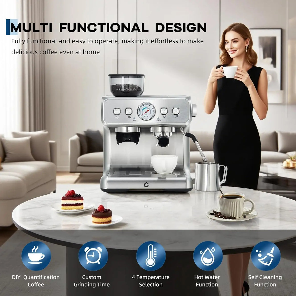Espresso Machine With Grinder 20 Bar Stainless Steel Pressure Maker Featuring Removable 2.8L Water Tank Adjustable Shot Volume Professional For Home Barista And Office