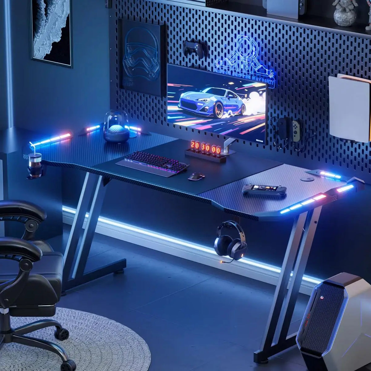 47/55/63inch Computer Desk, Gaming Desk with LED Lighting, Computer Gaming Desk with Carbon Fibre Top, Sturdy Office Desk with Headphone Hook & Cup Holder, Black