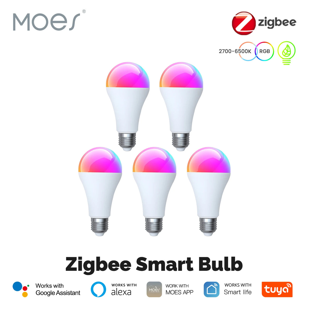 MOES Tuya Zigbee Smart LED Bulb Dimmable RGB C+W Colors 14W E27 2700K-6500K Smart Life App Remote Control With Alexa Google Home