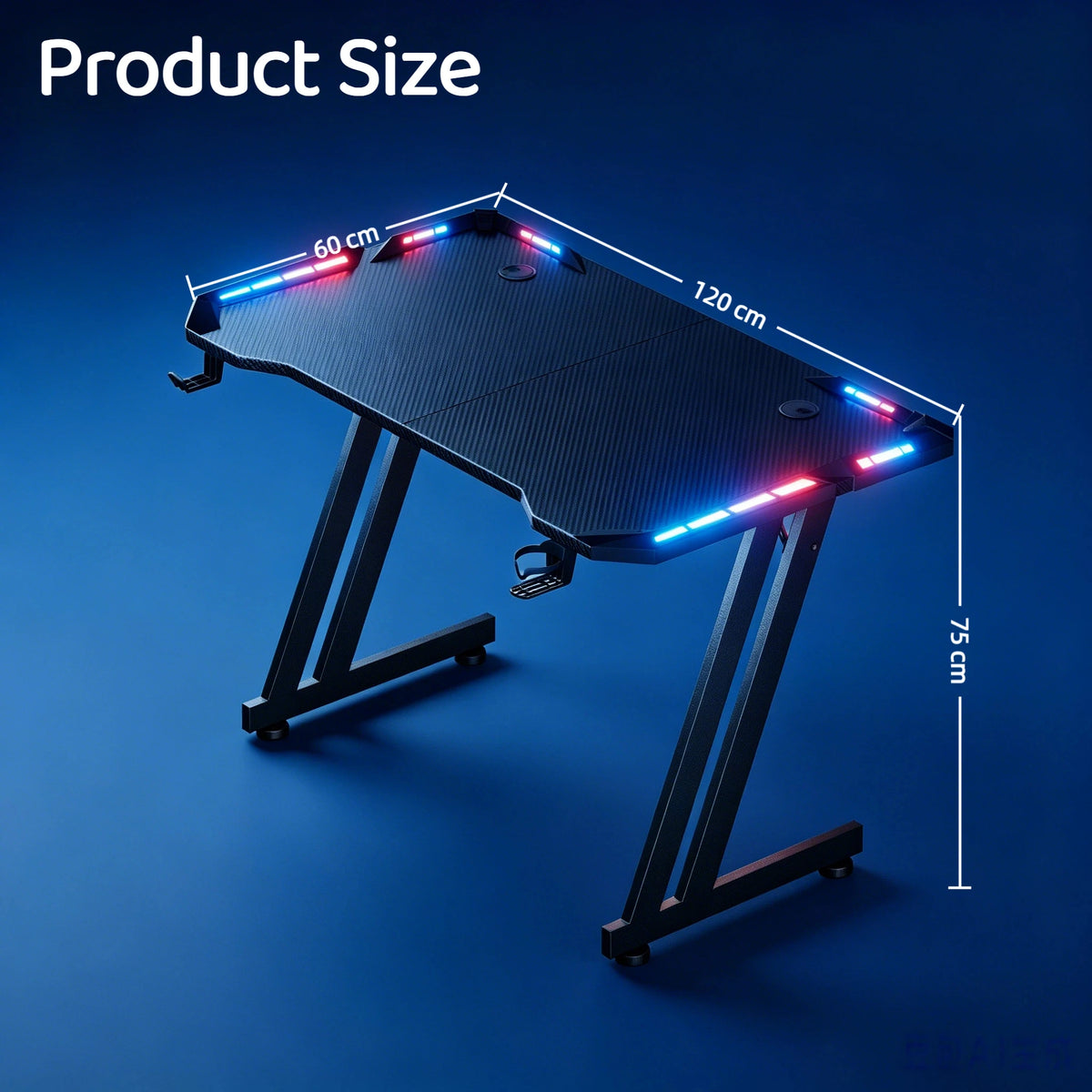 47/55/63inch Computer Desk, Gaming Desk with LED Lighting, Computer Gaming Desk with Carbon Fibre Top, Sturdy Office Desk with Headphone Hook & Cup Holder, Black