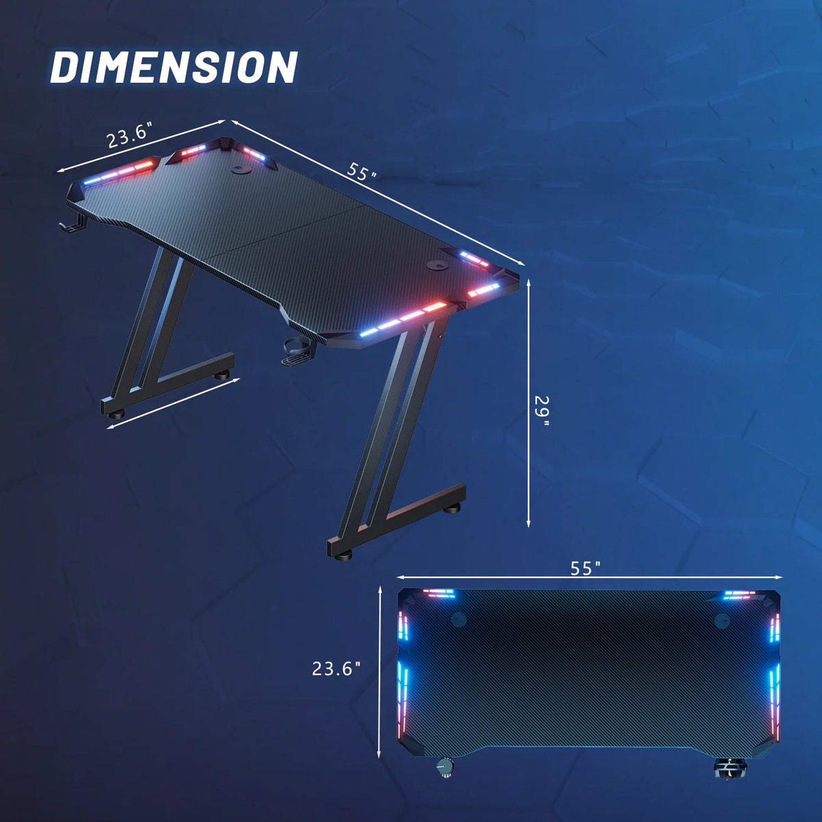 47"/55"/63" Gaming Desk with LED Lights, Carbon Fibre Surface Gaming Table, Large Computer Desk Ergonomic Home Office Desks, Z Shaped PC Gamer Workstations with Cup Holder & Headphone Hook, Black
